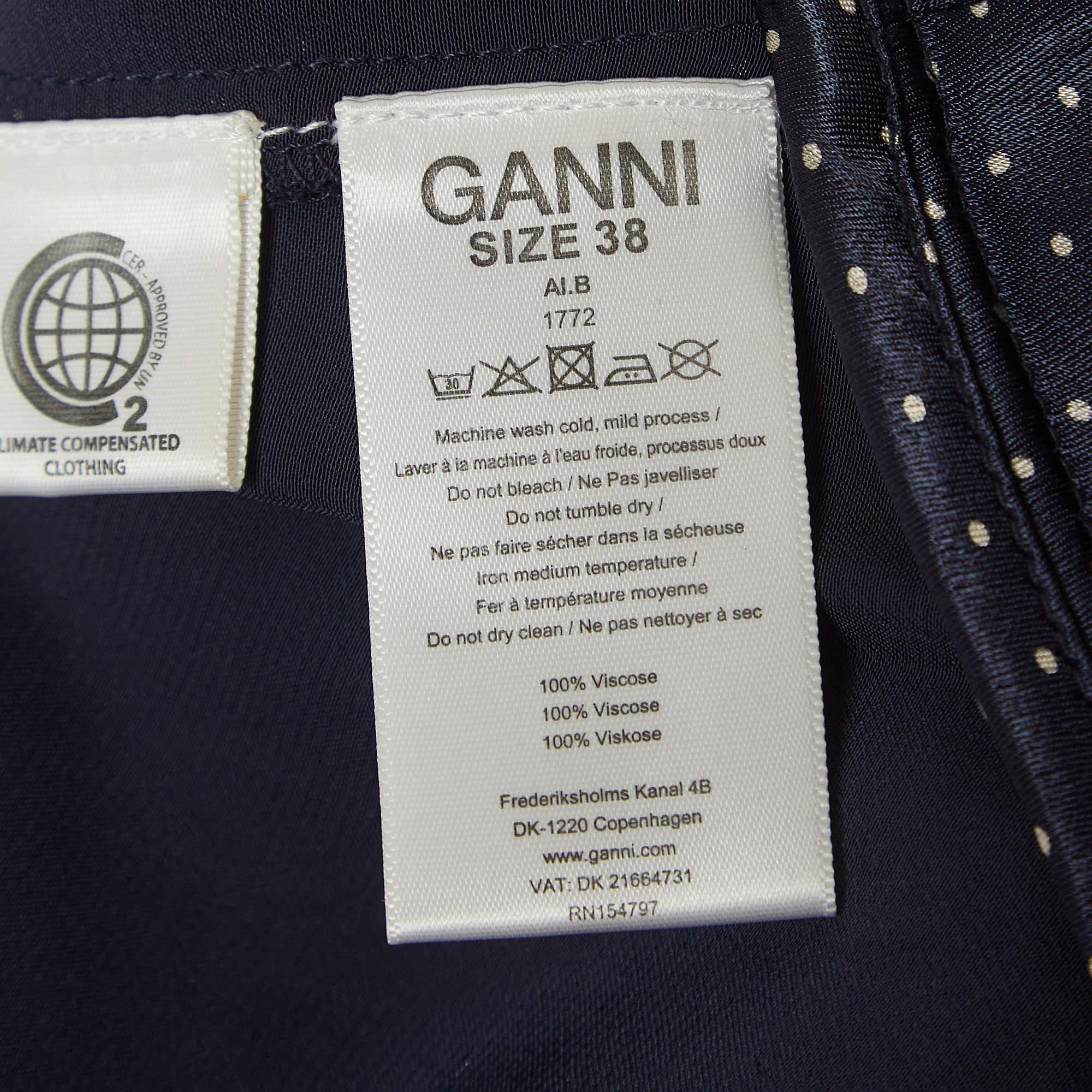 Women's Ganni Navy Blue Polka Dot Print Satin Tie-Up Open Back Blouse S For Sale