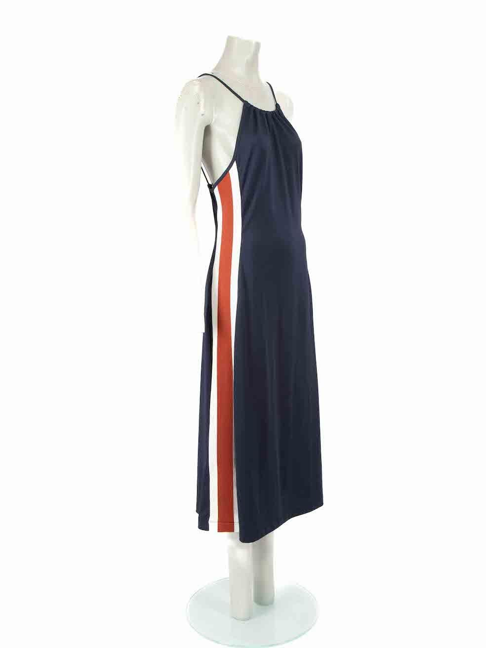CONDITION is Very good. Hardly any visible wear to dress is evident on this used Ganni designer resale item.
 
 Details
 Navy
 Polyester
 Dress
 Midi
 Side tape detail
 Sleeveless
 Round neck
 Back zip and hook fastening
 
 
 Made in Portugal
 
