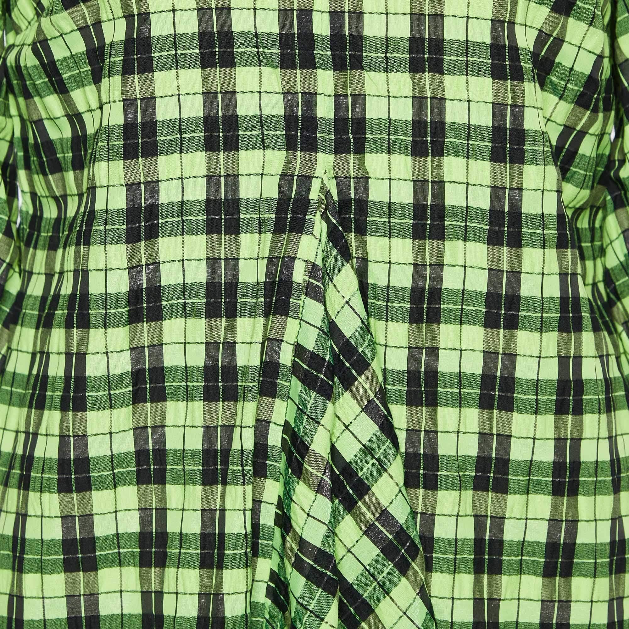 Ganni Neon Green/Black Checkered Cotton Puff Sleeve Dress XS In Excellent Condition For Sale In Dubai, Al Qouz 2