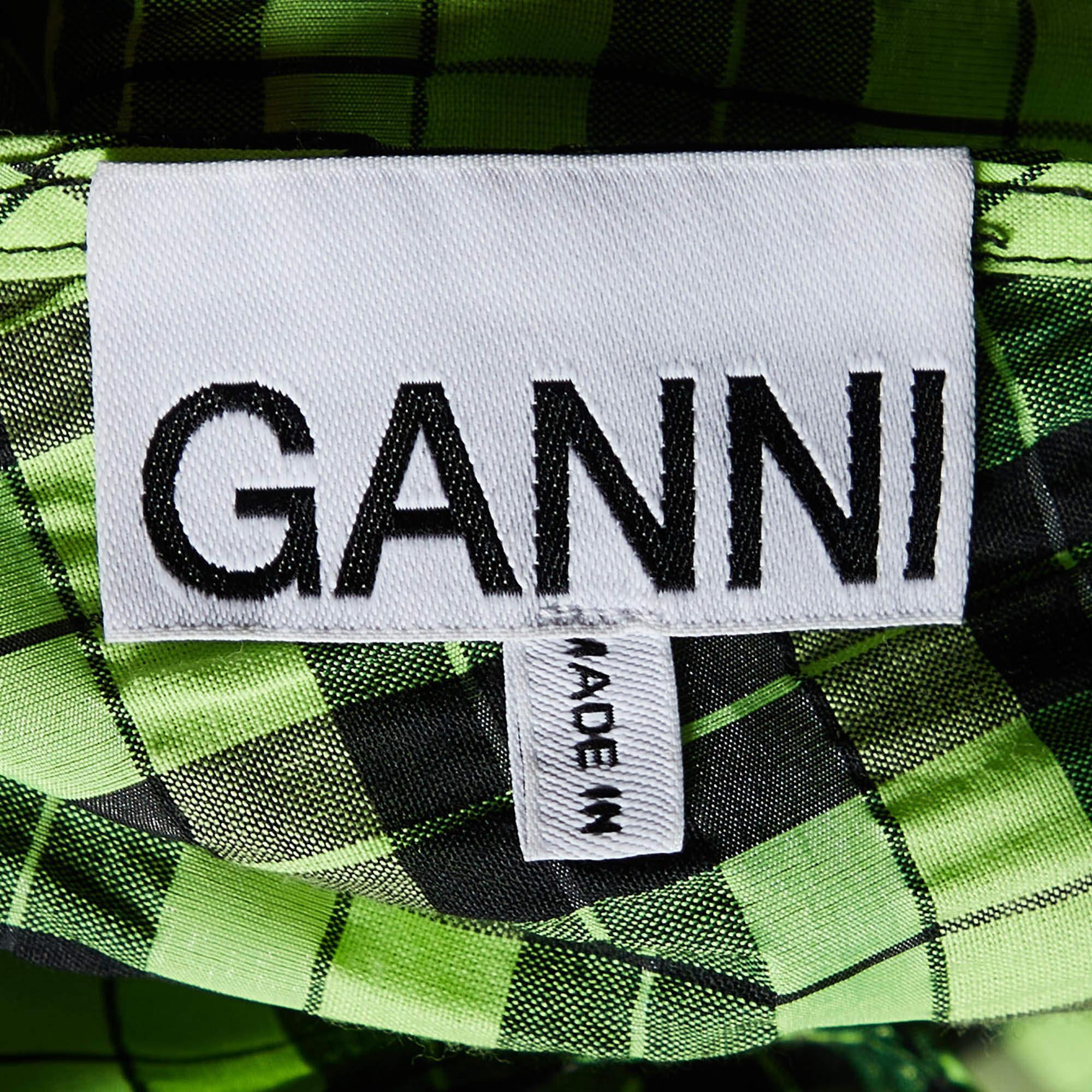 Women's Ganni Neon Green/Black Checkered Cotton Puff Sleeve Dress XS For Sale