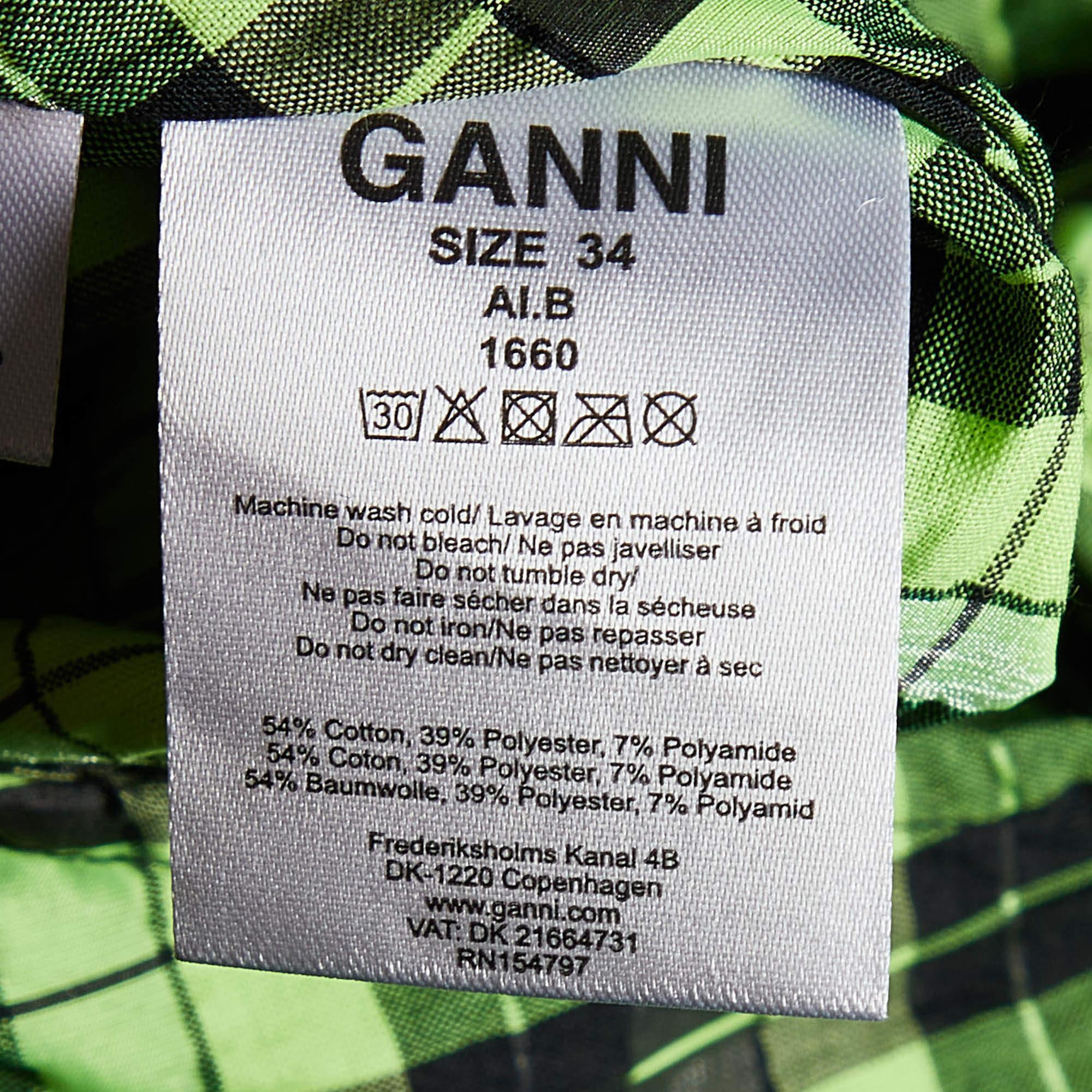 Ganni Neon Green/Black Checkered Cotton Puff Sleeve Dress XS For Sale 1