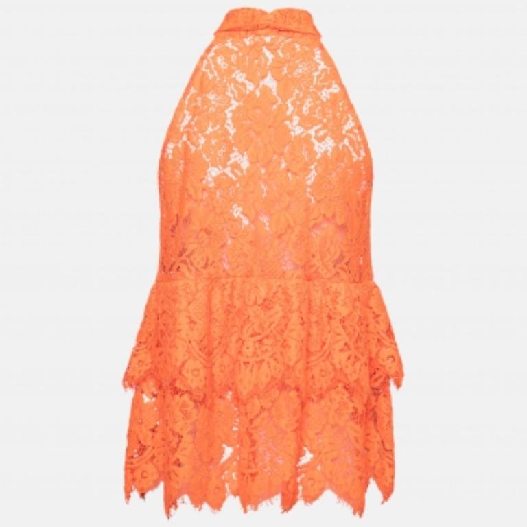 Donna Ganni - Top senza maniche con dettaglio a cravatta con scollo floreale arancione - S in vendita