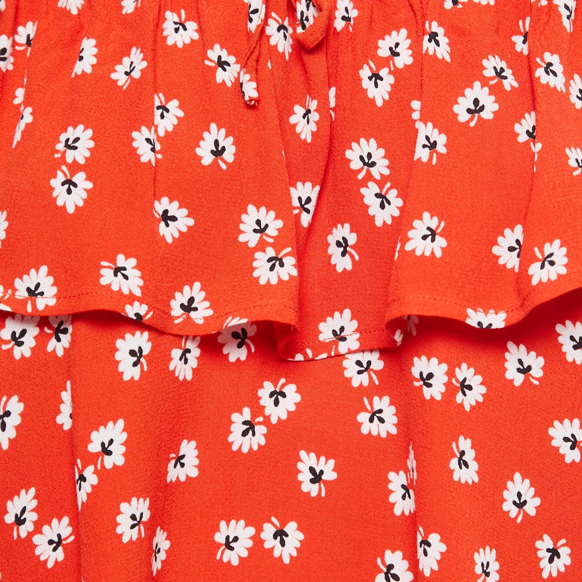 Red Ganni Orange Floral Printed Crepe Ruffled Top S For Sale