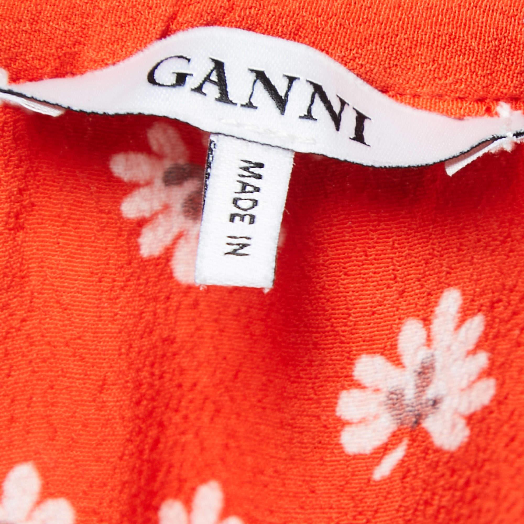 Ganni Orange Floral Printed Crepe Ruffled Top S In Excellent Condition For Sale In Dubai, Al Qouz 2