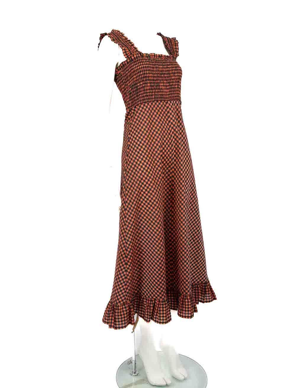 CONDITION is Never worn. No visible wear to dress is evident on this new Ganni designer resale item.
 
 
 
 Details
 
 
 Orange
 
 Polyester
 
 Dress
 
 Gingham pattern
 
 Midi
 
 Sleeveless
 
 Square neck
 
 Elasticated smocked top
 
 Ruffle hem
 
