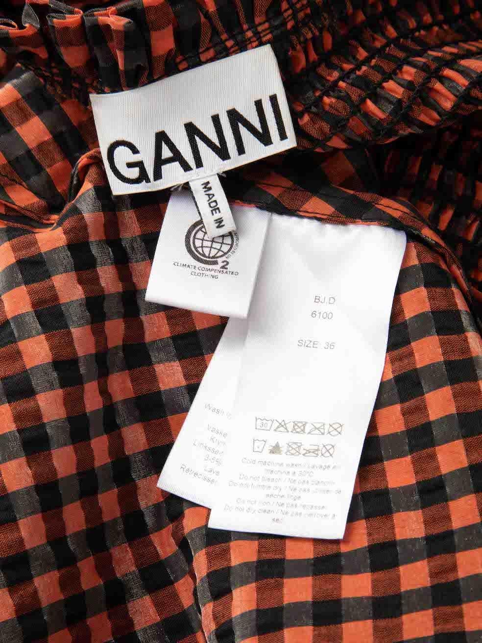 Ganni Orange Gingham Smocked Midi Dress Size S For Sale 1