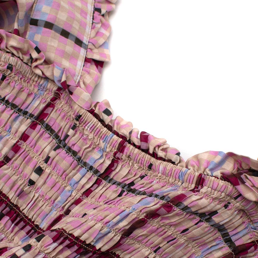 Ganni Pink Checked Shirred Cotton Silk Blend Maxi Dress - Size US 4 2
