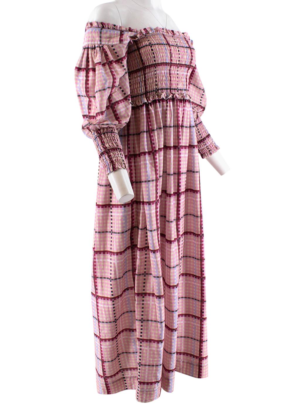 Ganni Pink Checked Shirred Cotton Silk Blend Maxi Dress

- Pink check design 
- Maxi length 
- Square neckline 
- Shirred waist
- Elasticated shoulders, waist and sleeve cuffs 
- Ruffled trim 
- Gathered sleeves 

Materials:
70% Cotton, 30% Elastane