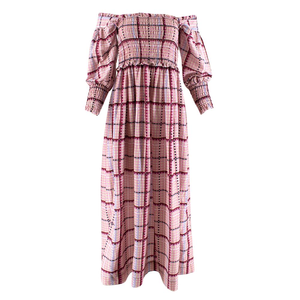 Beige Maxi abito a quadri in cotone misto seta di Ganni - Taglia US 4