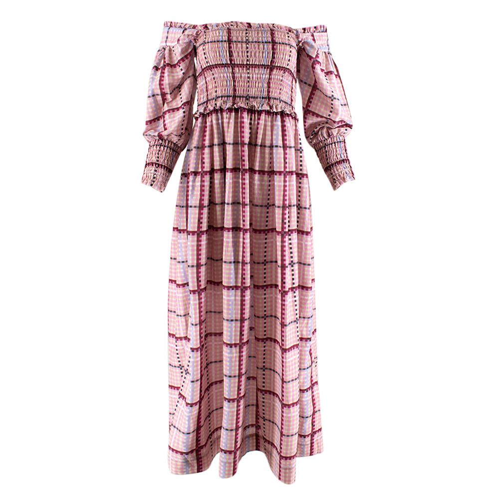 ganni shirred checked cotton and silk-blend maxi dress