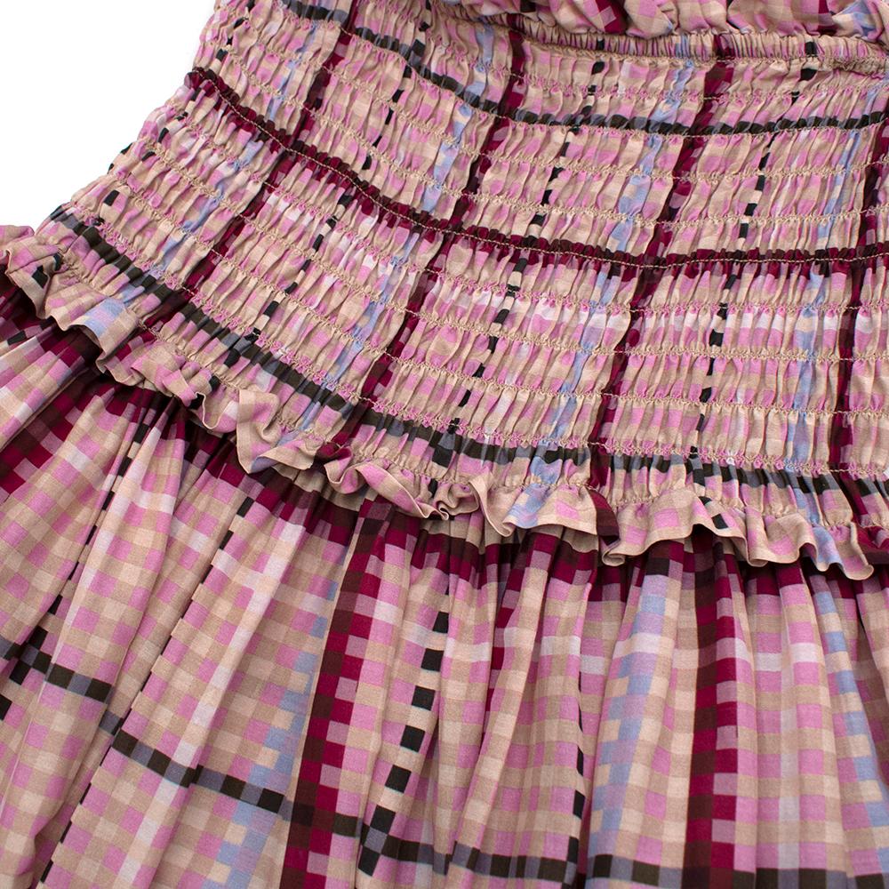 Beige Ganni Pink Checked Shirred Cotton Silk Blend Maxi Dress - Size US 4