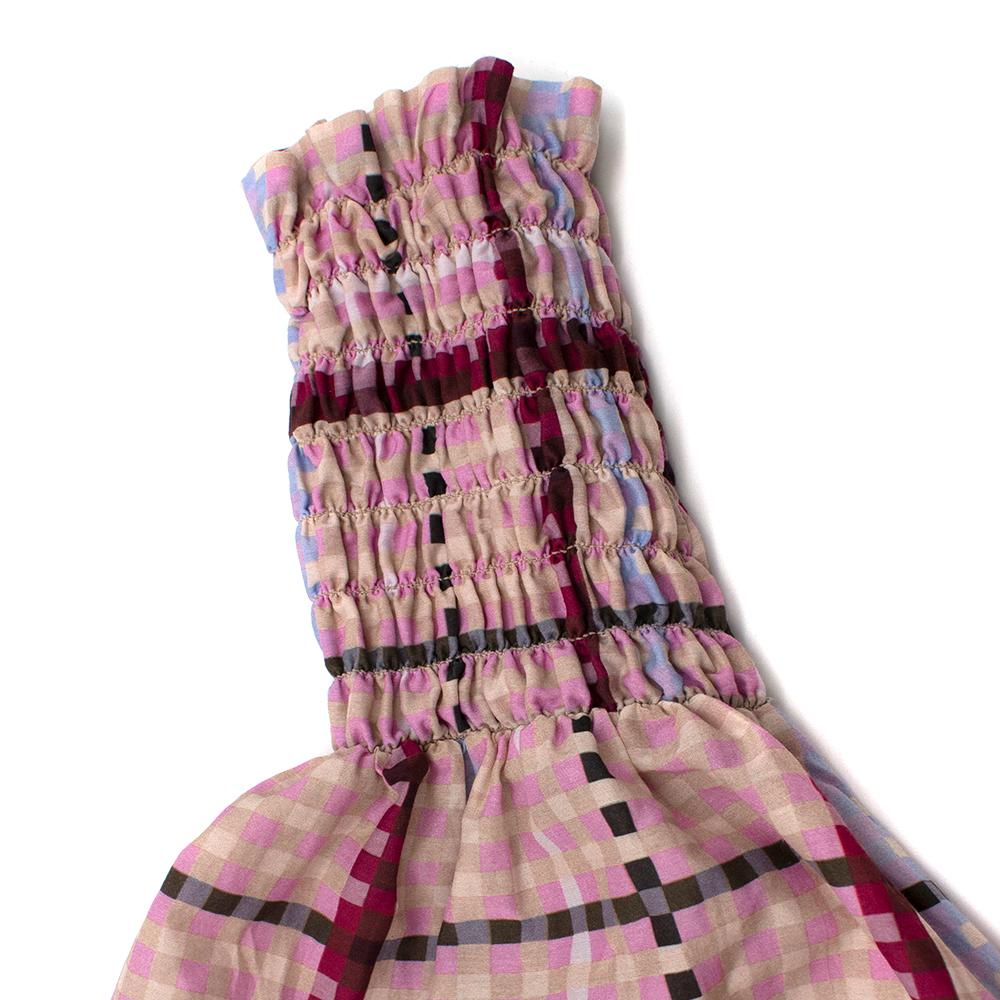 Ganni Pink Checked Shirred Cotton Silk Blend Maxi Dress - Size US 4 In Excellent Condition In London, GB