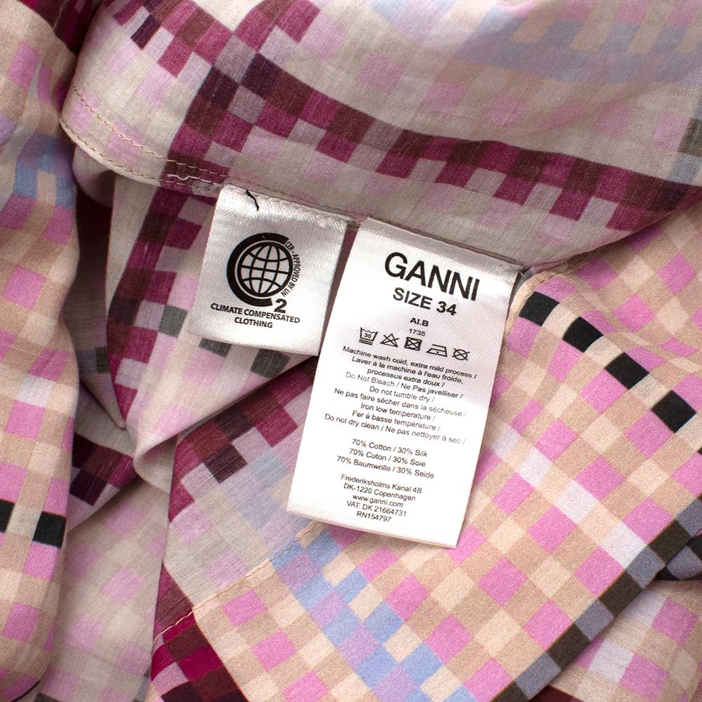Ganni Pink Checked Shirred Cotton Silk Blend Maxi Dress - Size US 4 1