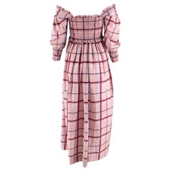Ganni Pink Checked Shirred Cotton Silk Blend Maxi Dress - Size US 4