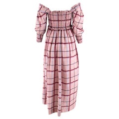 Ganni Pink Checked Shirred Cotton Silk Blend Maxi Dress - Size US 4