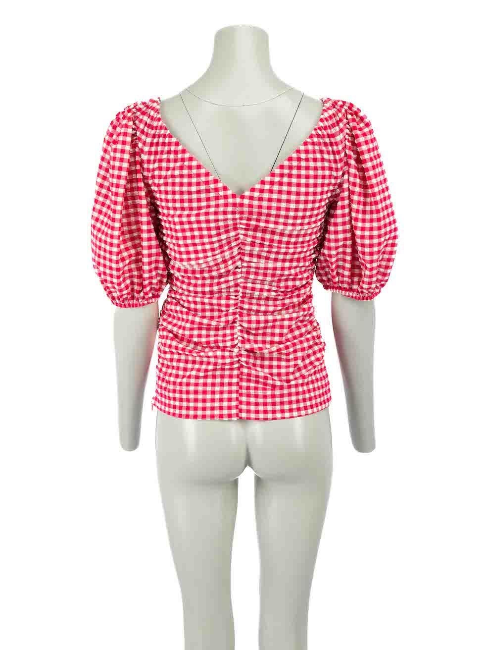 Ganni Red Love Potion Gingham Ruched Top Size XS In New Condition For Sale In London, GB
