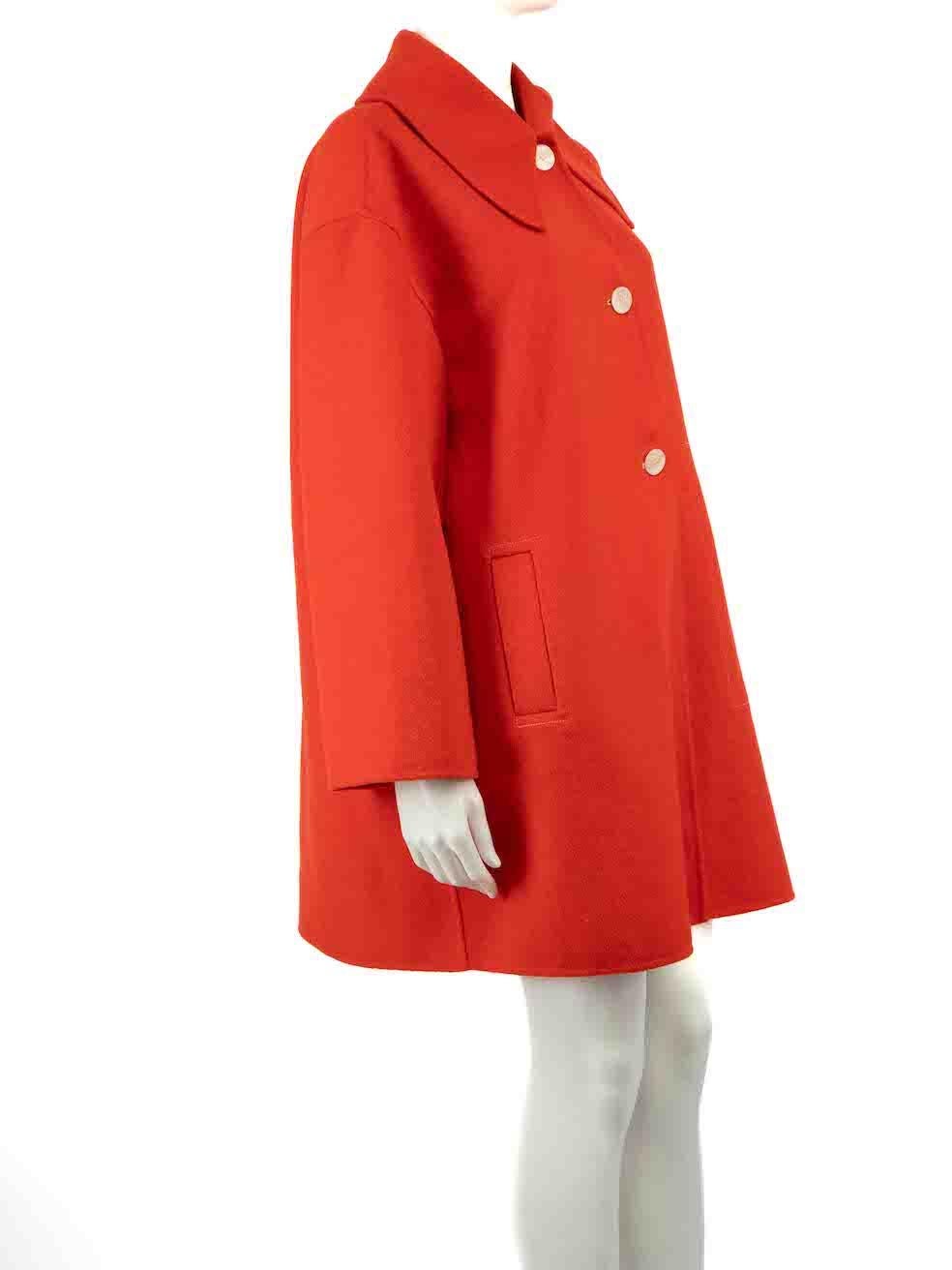 CONDITION is Very good. Minimal wear to coat is evident. Minimal wear to inside neck with slight discolouration on this used Ganni designer resale item.
 
 
 
 Details
 
 
 Red
 
 Wool
 
 Coat
 
 Single breasted
 
 Button up fastening
 
 2x Front