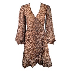 GANNI Size 2 Brown Beige Polyamide Animal Print Wrap Dress