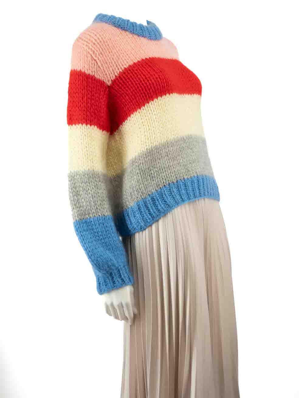 CONDITION is Very good. Hardly any visible wear to jumper is evident on this used Ganni designer resale item.
 
 
 
 Details
 
 
 Multicolour- blue, pink, red, yellow, grey
 
 Wool
 
 Knit jumper
 
 Striped pattern
 
 Long sleeves
 
 Round neck
 
 
