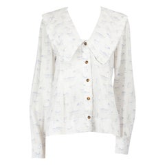 Ganni, chemise blanche imprimée à col bénitier bordée de volants, taille XXL