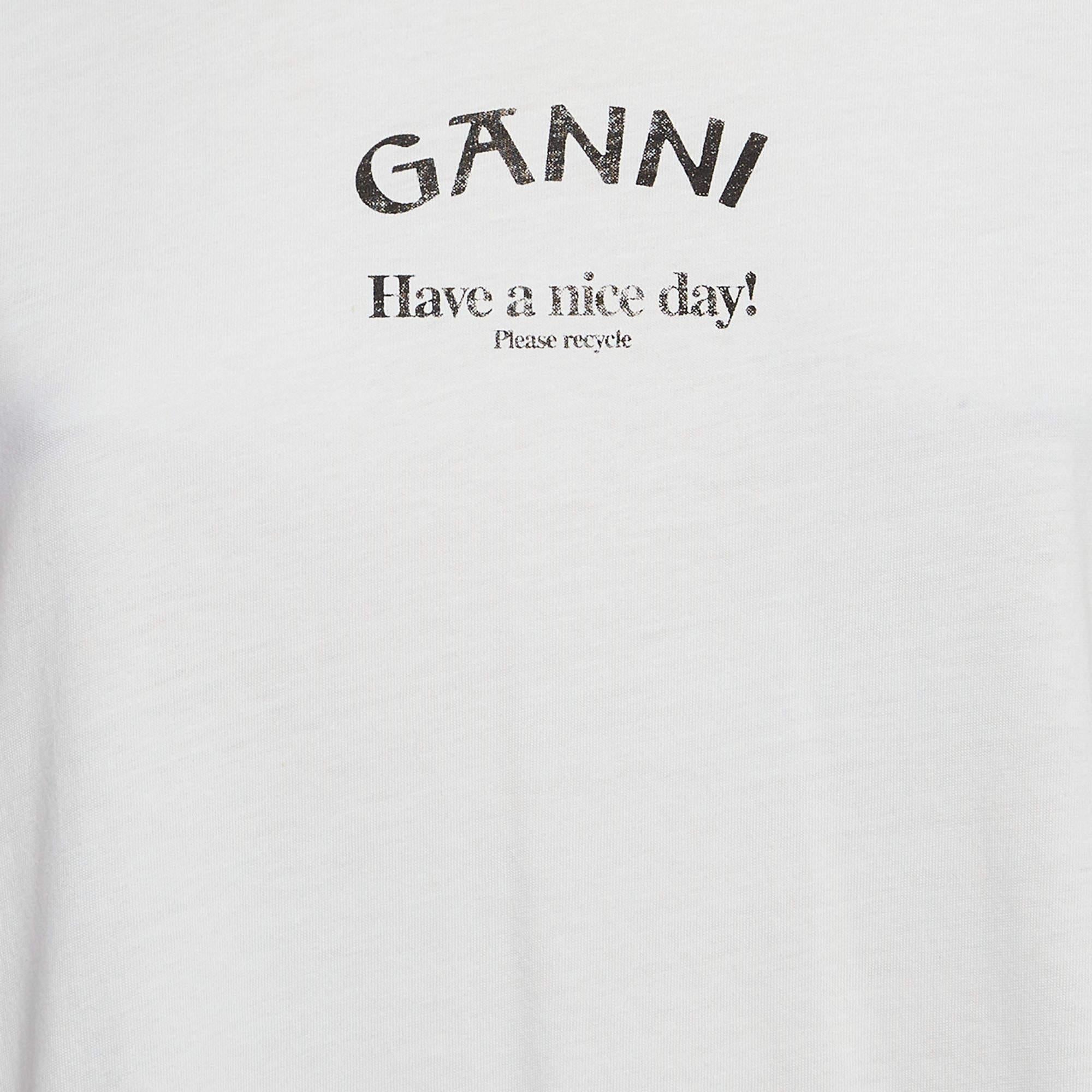 Ganni Weißes bedrucktes Baumwollstrick-T-Shirt mit Rundhalsausschnitt XL (Grau) im Angebot