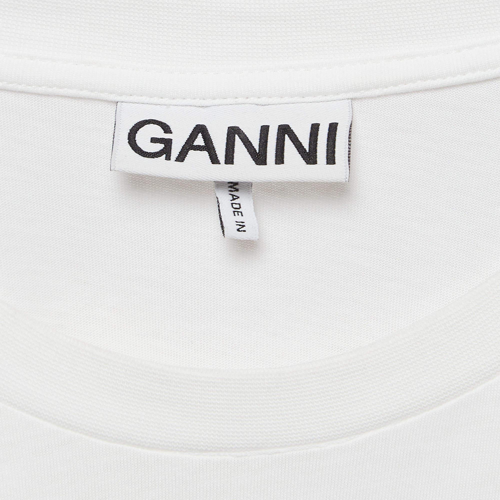 Ganni Weißes bedrucktes Baumwollstrick-T-Shirt mit Rundhalsausschnitt XL im Zustand „Gut“ im Angebot in Dubai, Al Qouz 2