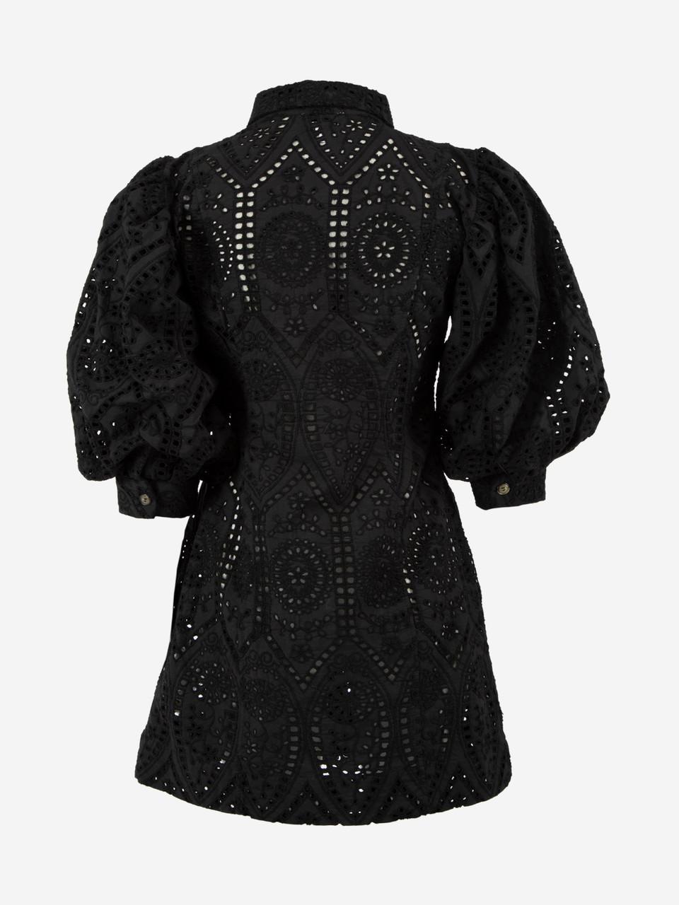Ganni Women's Black Perforated Embroidered Shirt Dress In Excellent Condition In London, GB