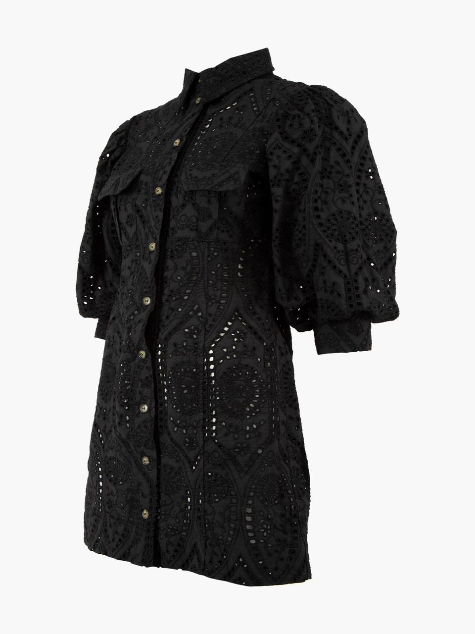 Ganni Women's Black Perforated Embroidered Shirt Dress 1