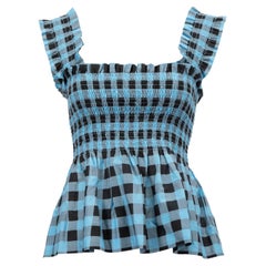 Ganni Damen Blaue und schwarze karierte ärmellose Bluse mit elastischem Druck