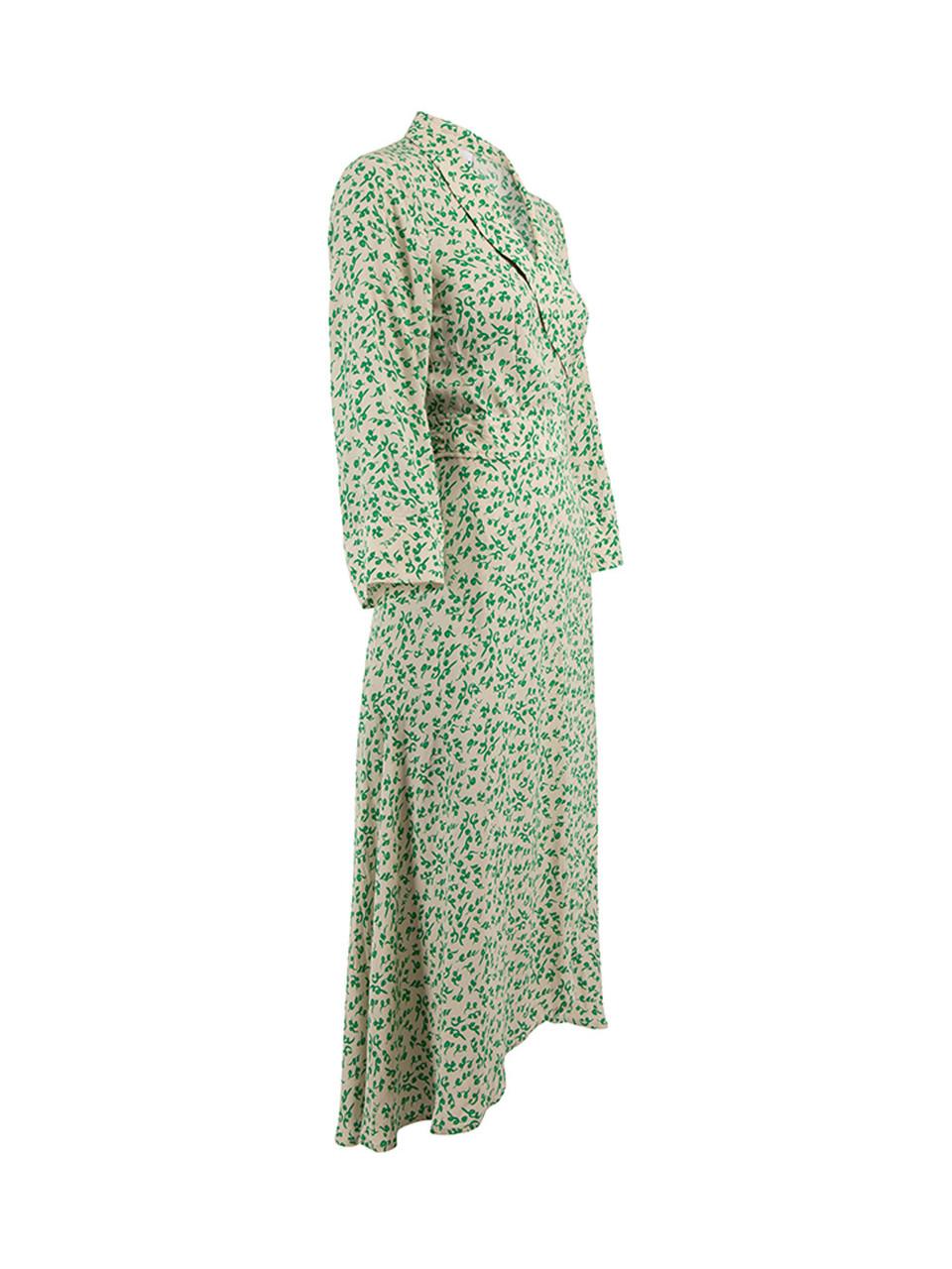 CONDITION is Very good. Hardly any visible wear to dress is evident on this used Ganni designer resale item.  Details  Cream and green Viscose Loose fit Wrap dress 3/4 Sleeves Waist tie Maxi dress   Made in China   Composition 53% Viscose, 47%