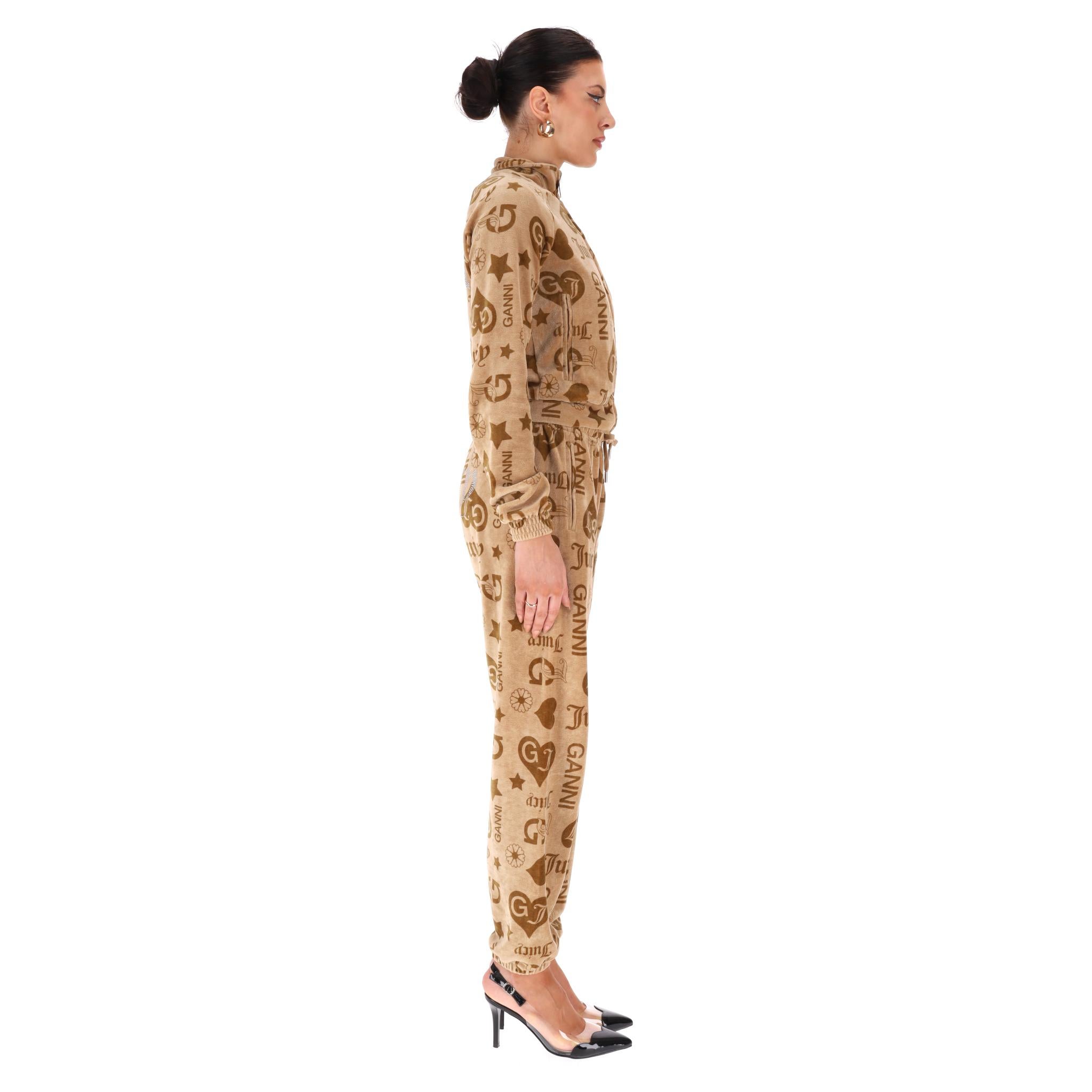 Brown Ganni x Juicy Couture Y2K Velour Logo & Crystal Two-Piece Tracksuit Set For Sale