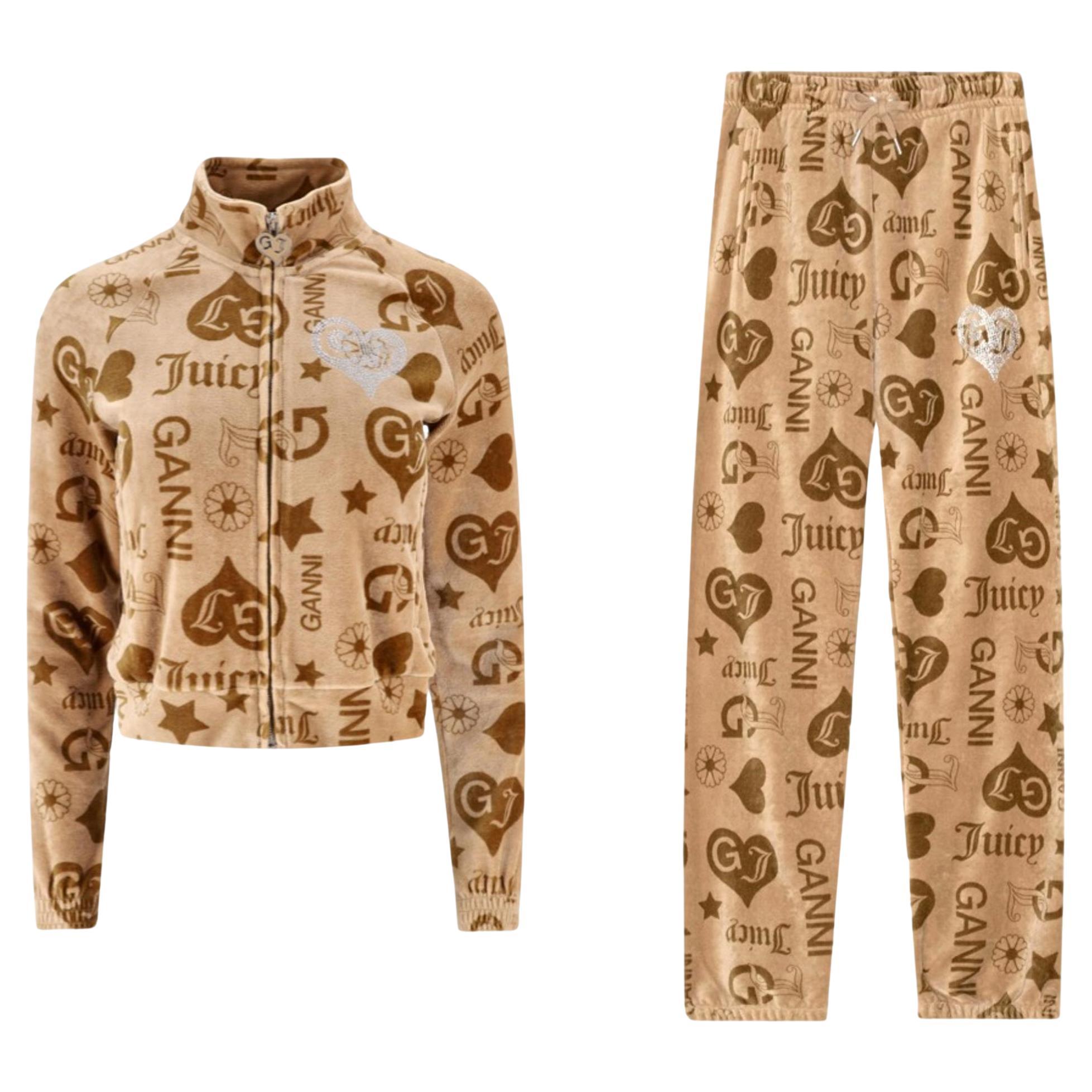 Ganni x Juicy Couture Y2K Velour Logo & Crystal Two-Piece Tracksuit Set For Sale