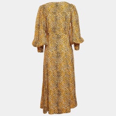 Ganni Yellow Leopard Print Crepe Buttoned Midi Dress M