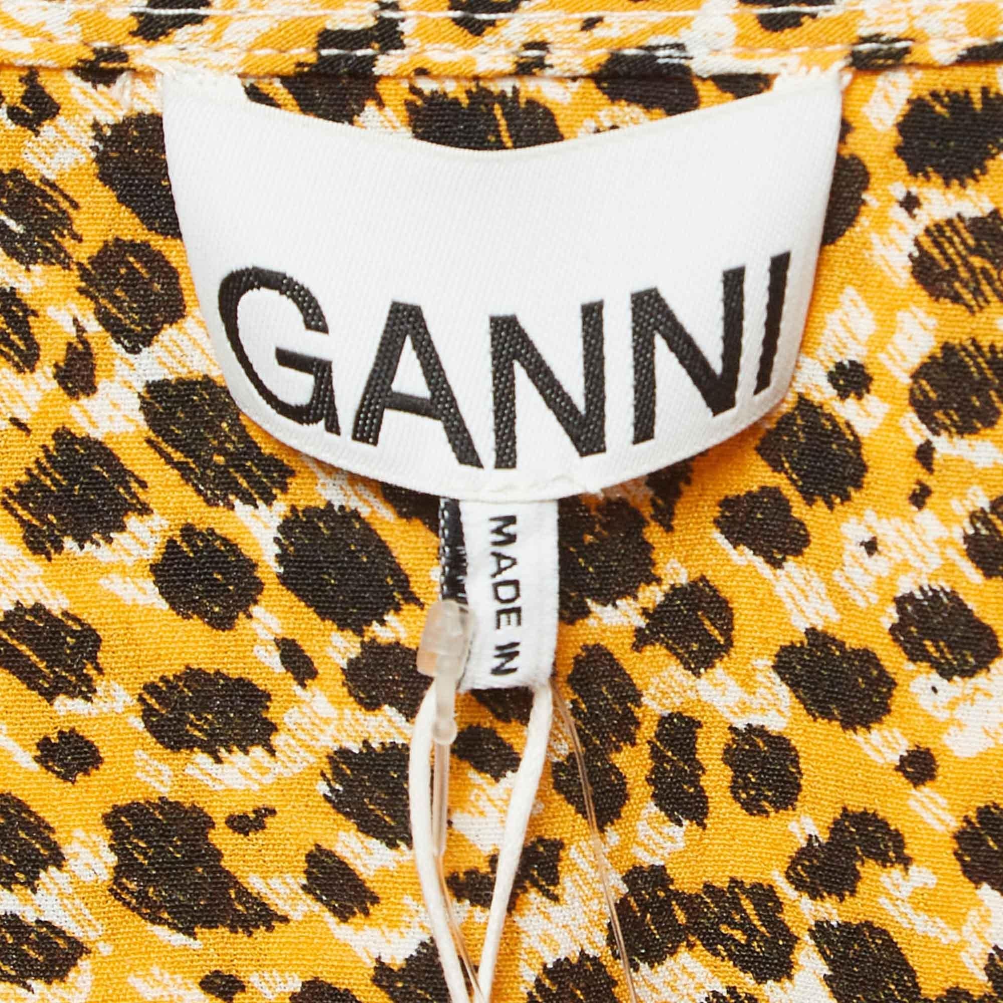 Ganni, robe midi boutonnée en crêpe jaune imprimé léopard, taille M Neuf - En vente à Dubai, Al Qouz 2
