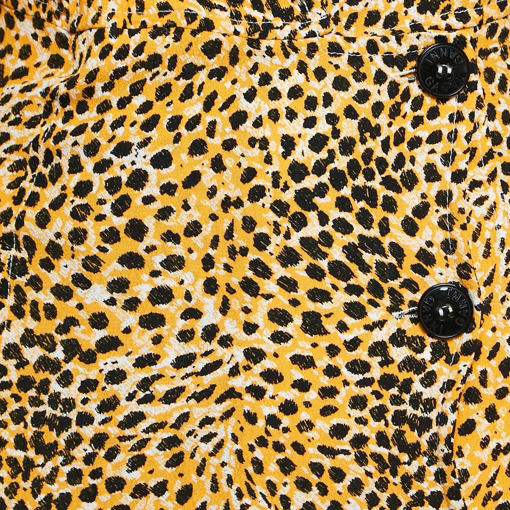 Beige Ganni - Vestito midi abbottonato in crepe con stampa leopardo giallo S in vendita