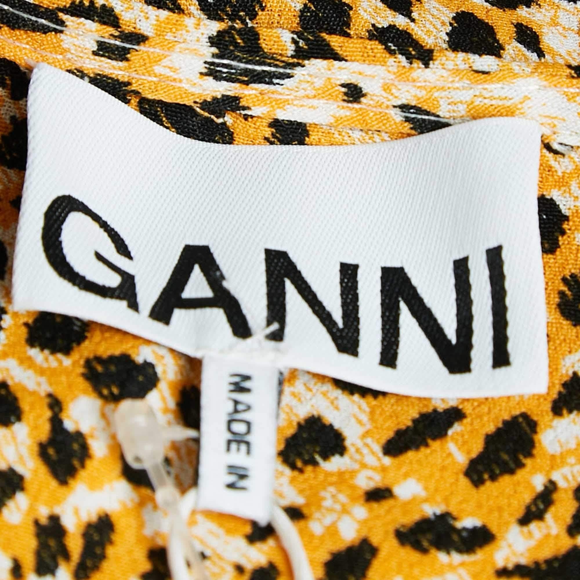 Ganni - Vestito midi abbottonato in crepe con stampa leopardo giallo S In condizioni Nuovo in vendita a Dubai, Al Qouz 2