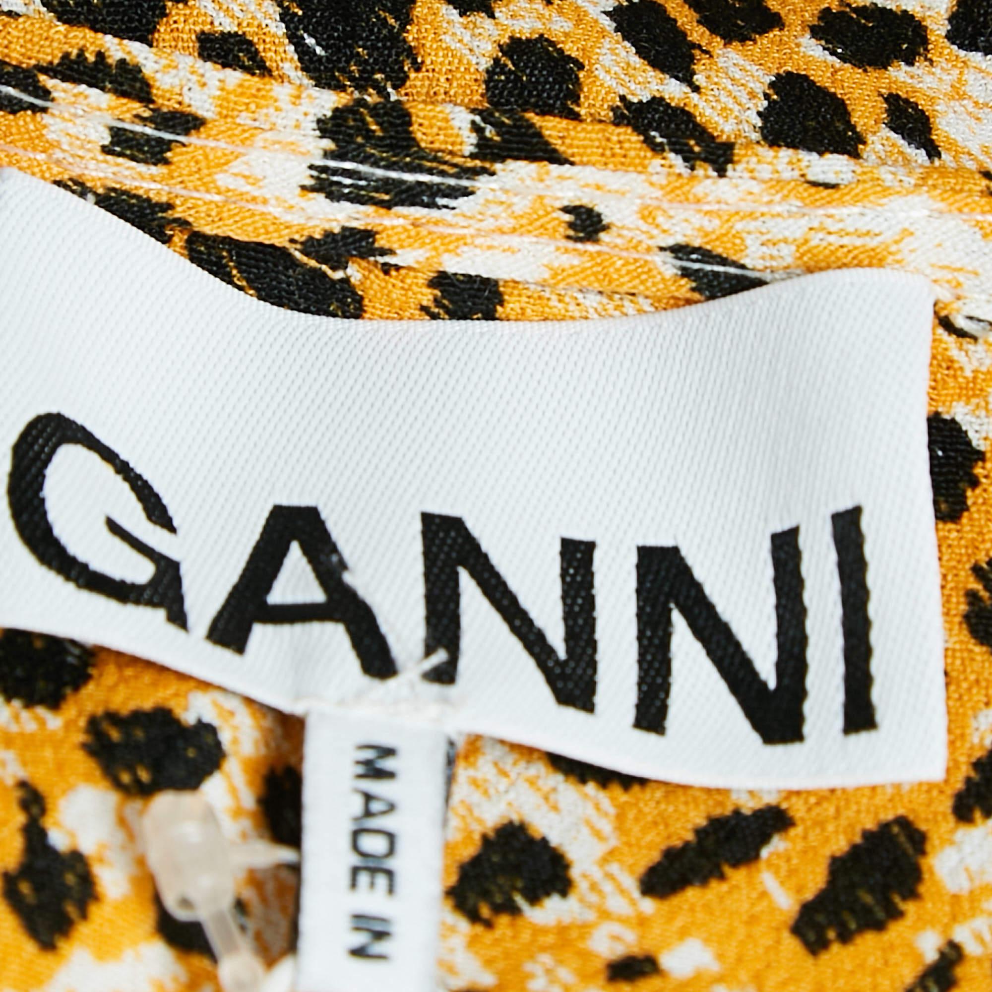 Ganni - Robe midi boutonnée en crêpe jaune imprimé léopard S Neuf - En vente à Dubai, Al Qouz 2