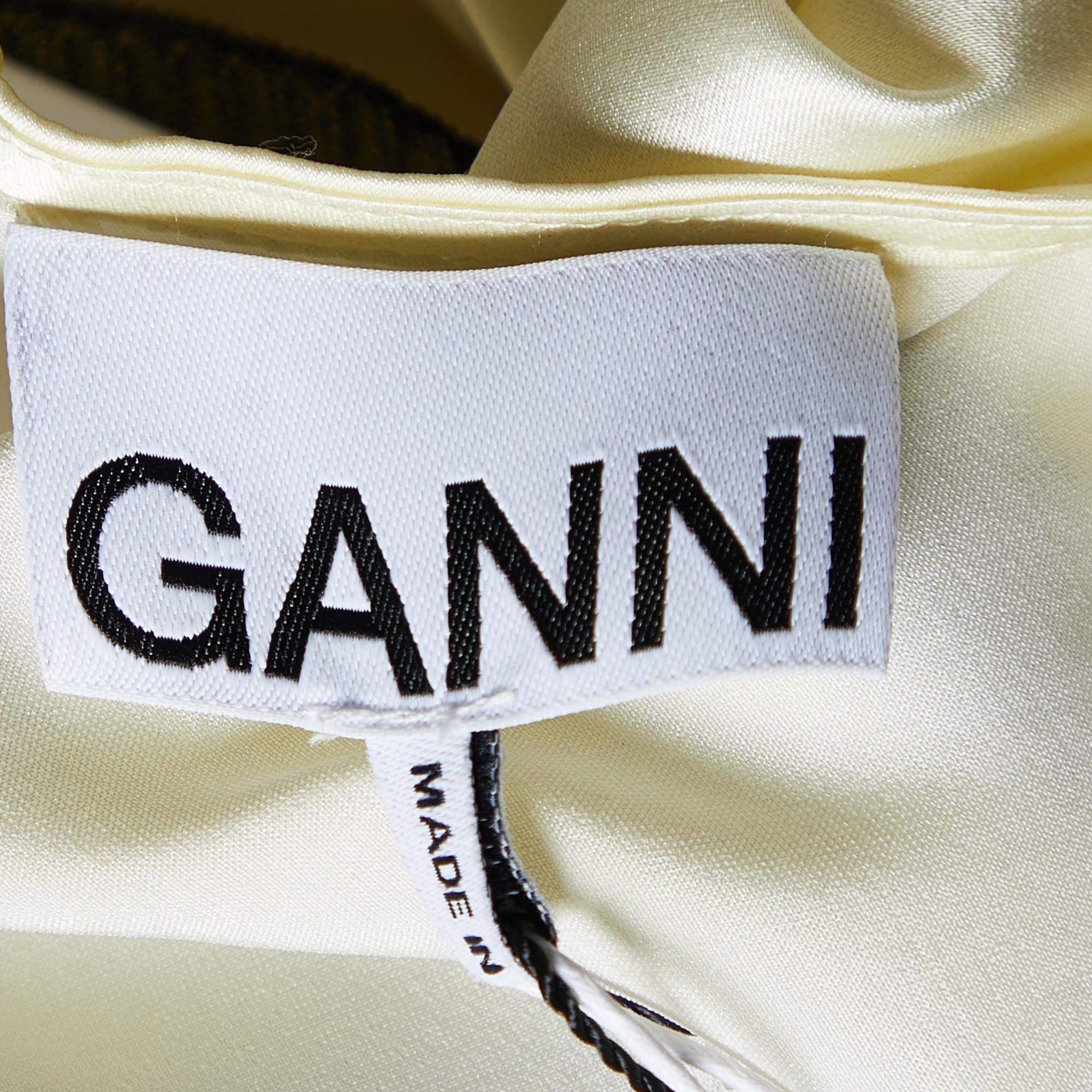 Beige Ganni Yellow Printed Silk Satin Lace Trim Slited Maxi Dress M