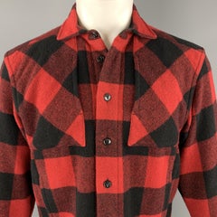 GANRYU Size S Red Plaid Wool Blend Patch Pocket Long Sleeve Shirt