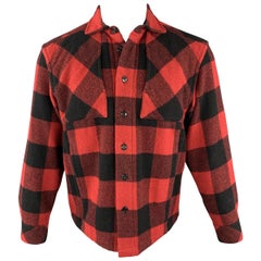 GANRYU Size S Red Plaid Wool Blend Patch Pocket Long Sleeve Shirt