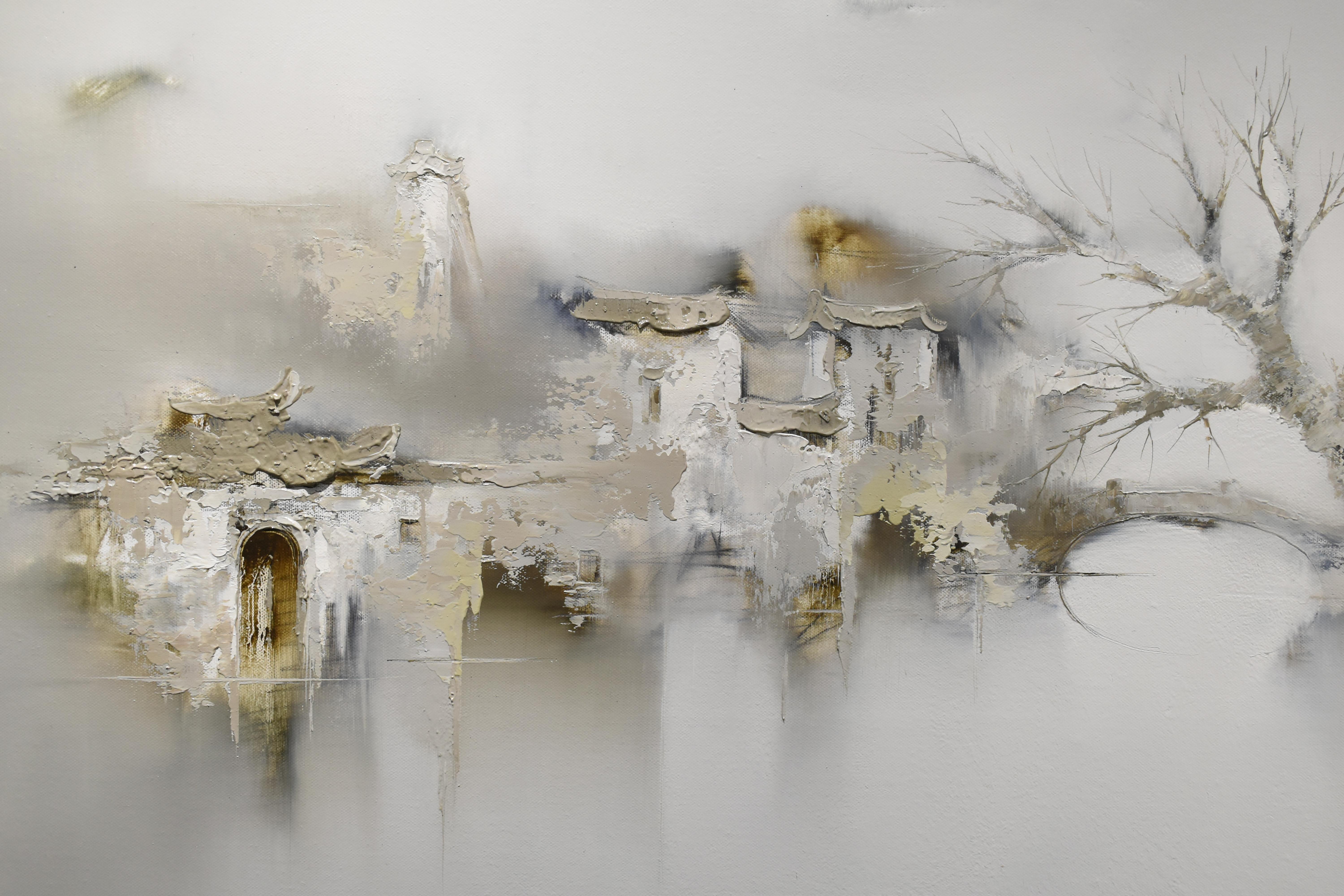 Landschaft, Ölgemälde „A Sense of Antiquity“, inspiriert von moderner chinesischer Tinte (Grau), Landscape Painting, von Gao Xiao Yun