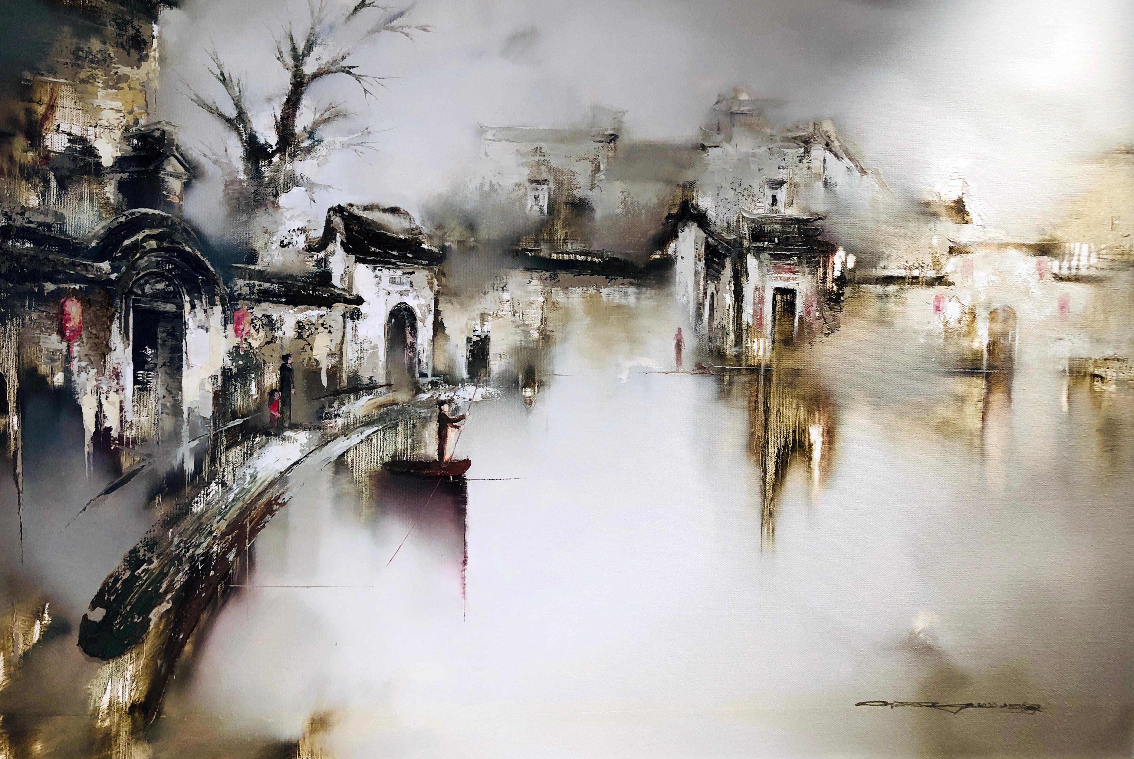 L'abstraction contemporaine abstraite présente A Dreamland entouré d'eau et de brume - Painting de Gao Xiao Yun