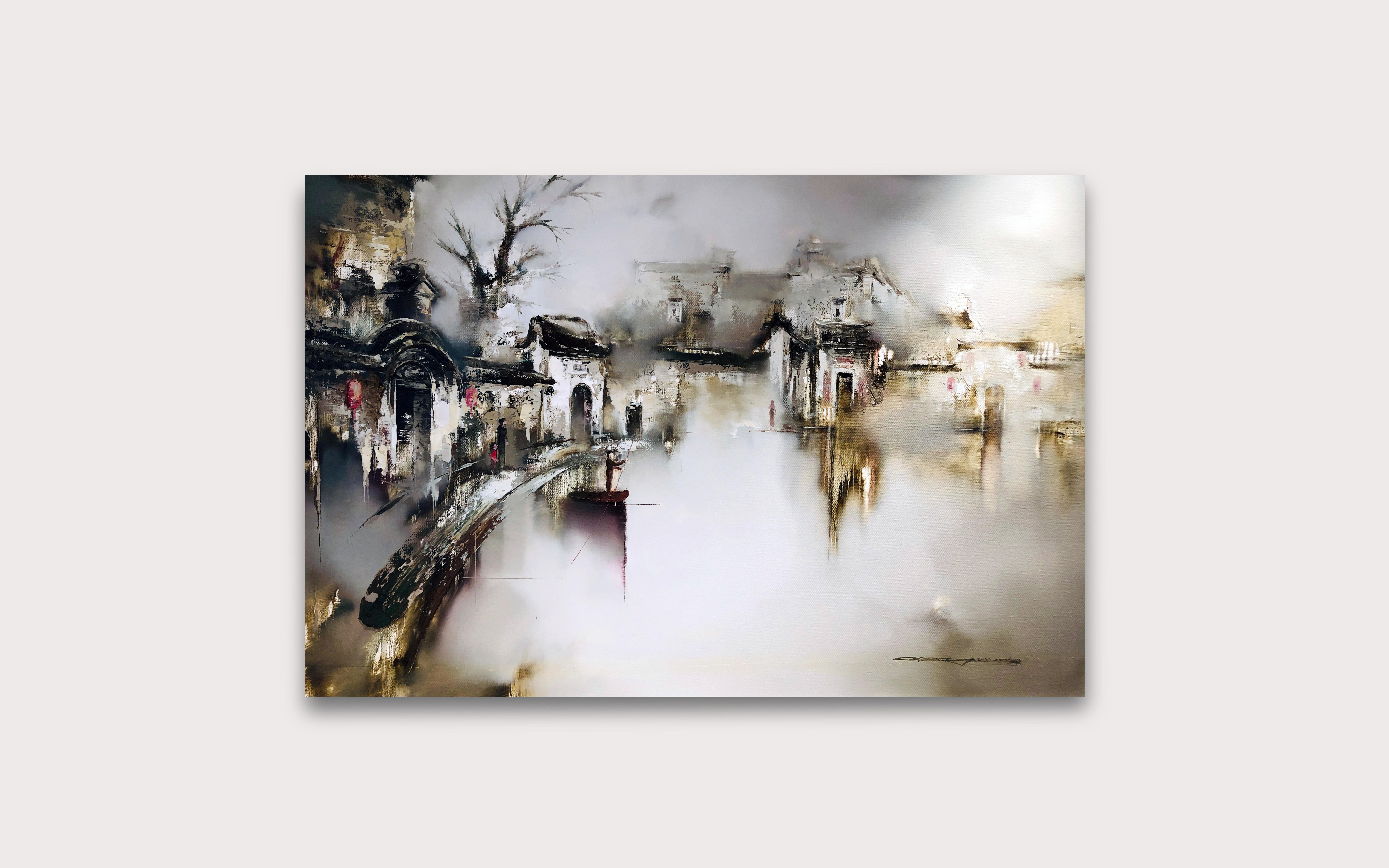L'abstraction contemporaine abstraite présente A Dreamland entouré d'eau et de brume 1