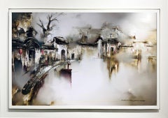 L'abstraction contemporaine abstraite présente A Dreamland entouré d'eau et de brume