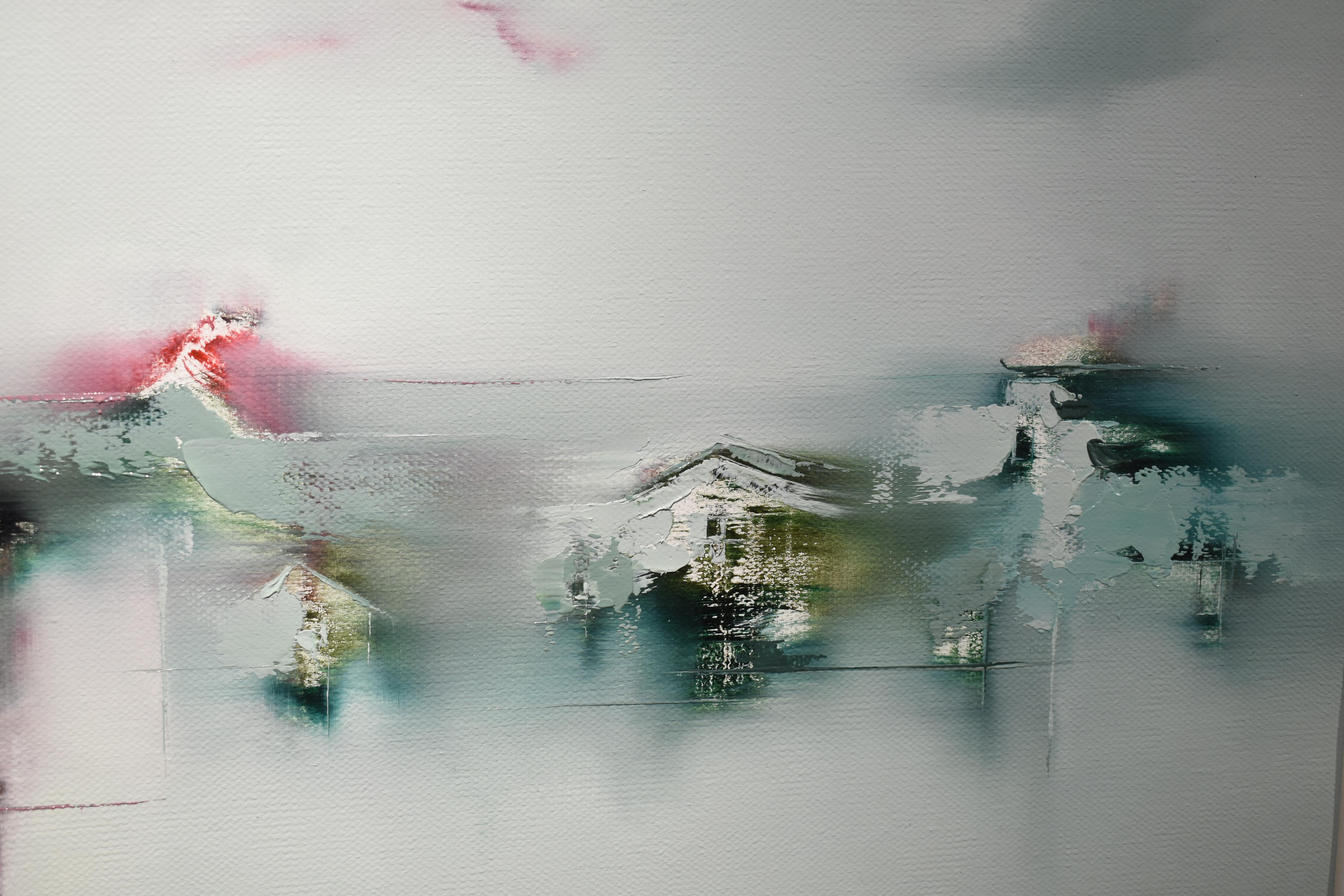 Misty Landscape In Red Inspired By Chinese Ink And Contemporary Oil Painting - Gray Abstract Painting by Gao Xiao Yun