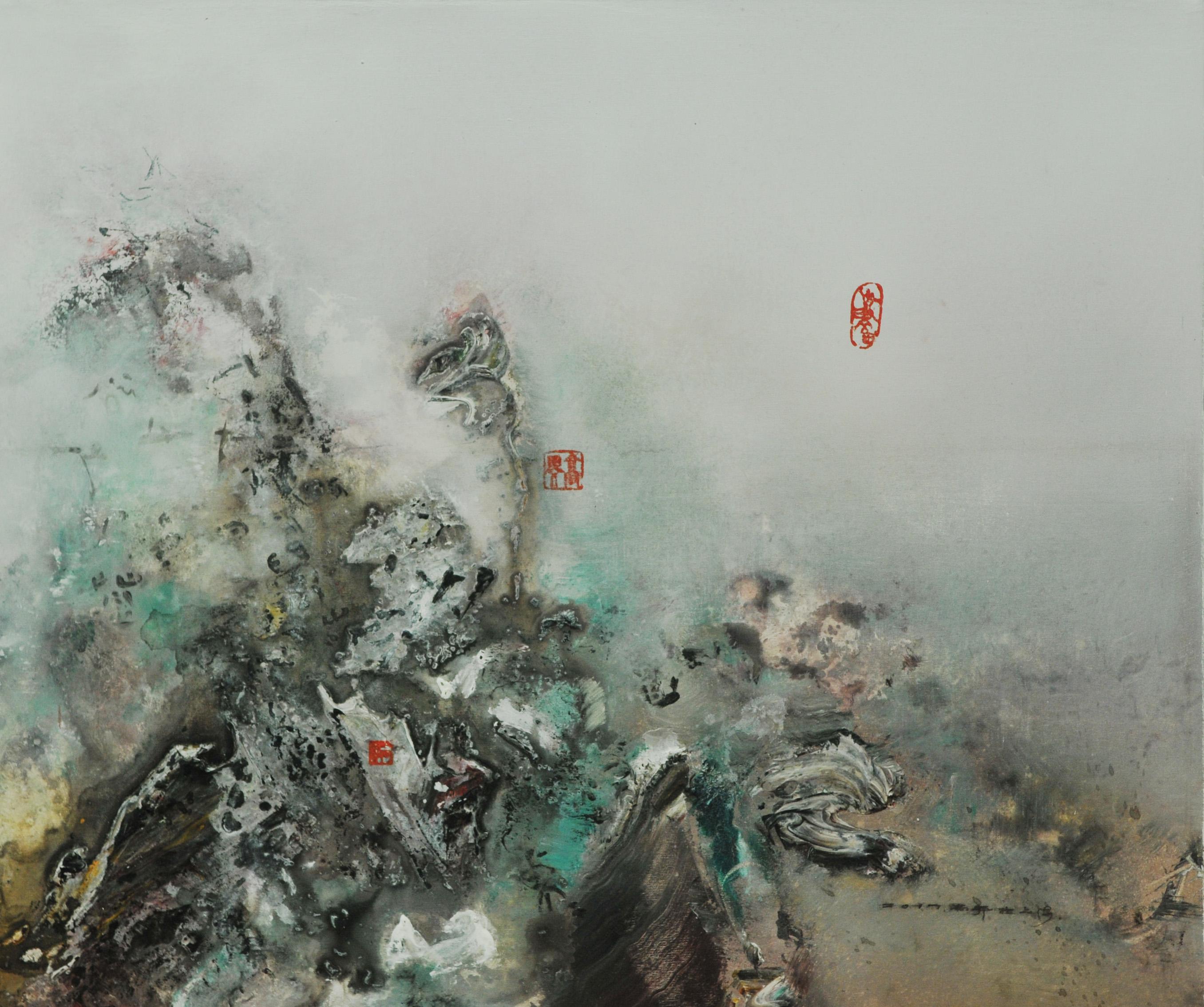 Poetische chinesische Landschaft, inspiriert von Kalligraphie, abstraktem und konzeptionellem Stil