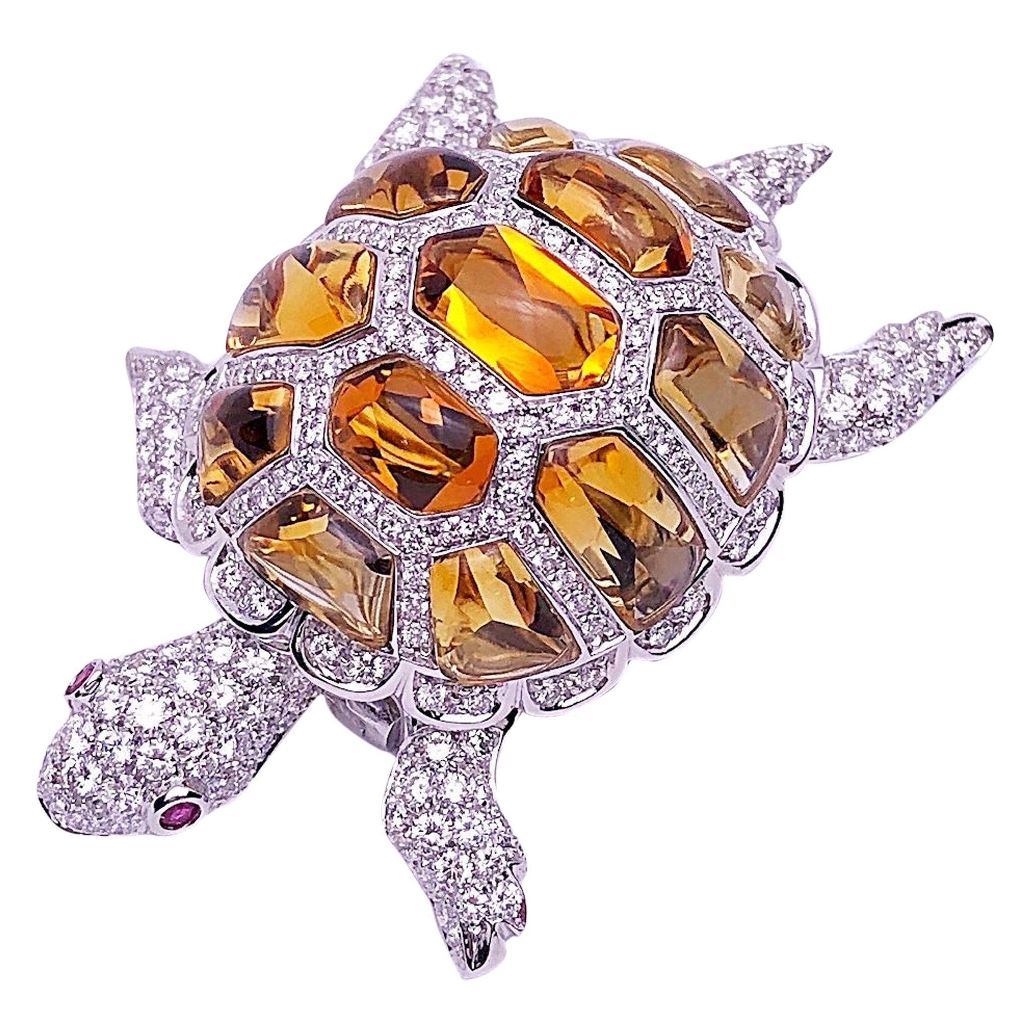 Garavelli Broche tortue en or blanc 18 carats et diamants de 4,58 carats avec citrines