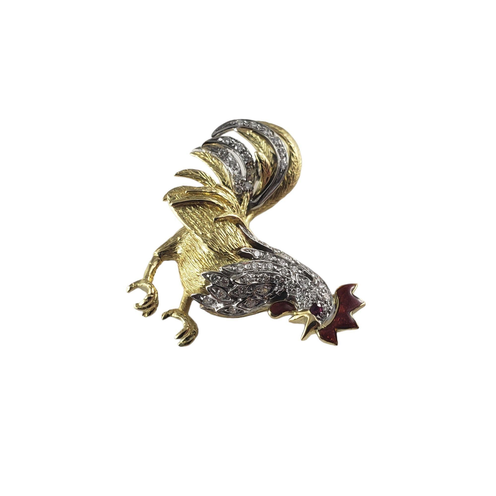 Garavelli 18 Karat Yellow Gold and Diamond Rooster Brooch-

This stunning brooch by Garavelli features a beautifully detailed rooster accented with 48 round brilliant cut diamonds and one ruby eye.

Approximate total diamond weight: .50 ct.

Diamond