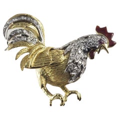 Retro Garavelli 18 Karat Yellow Gold and Diamond Rooster Brooch/Pin #15008
