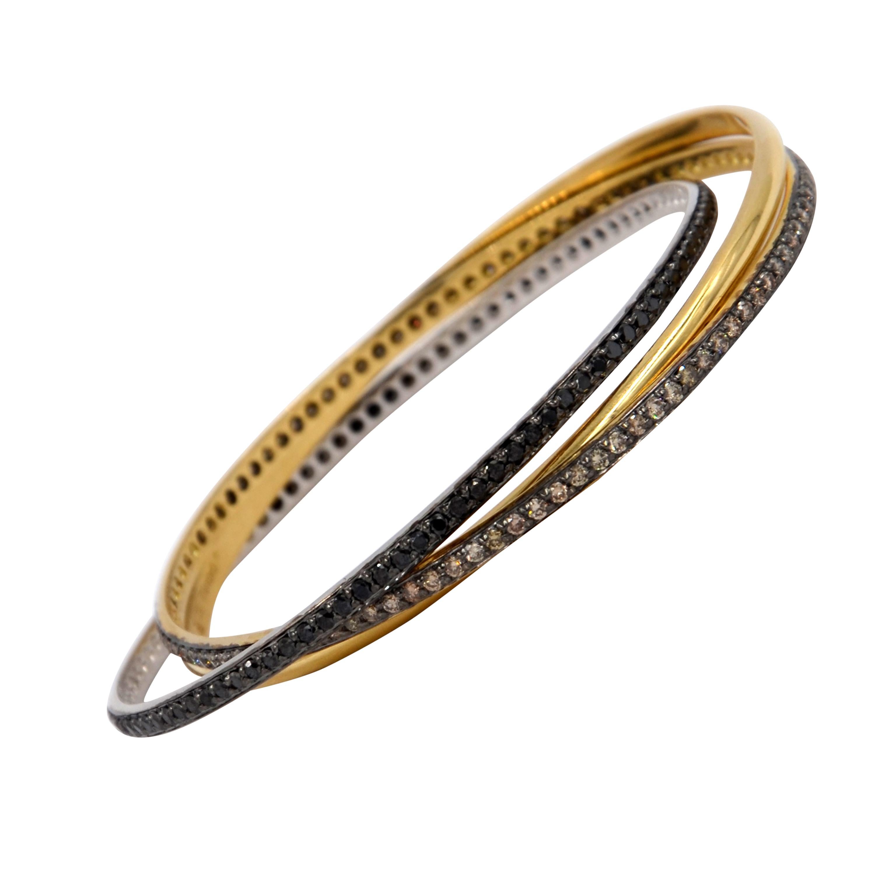 Garavelli 18 Karat Yellow Gold Black Brown Diamonds Rolling Bangle Bracelet